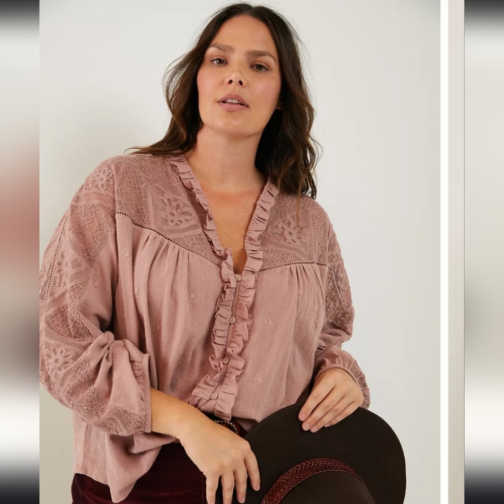Anthropologie Pink Lace Ruffle trimmed Blouse